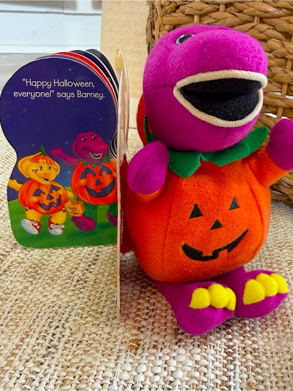 Vintage Y2K Barney Pumpkin Plush with Halloween Book